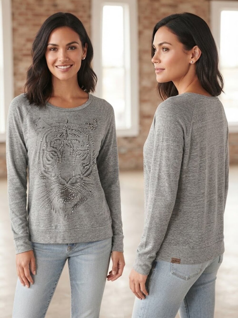 Forever 21 Heather Grey Rhinestone Tiger Graphic Long Sleeve Top Shirt Sz Medium